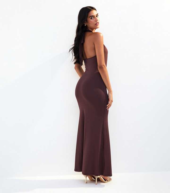 princess polly baby blue dress Brown Halter Neck Gold Ring Midi Dress