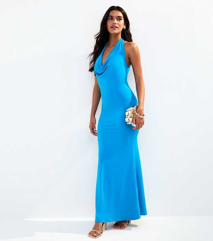 Bright Blue Cowl Halterneck Midi Dress