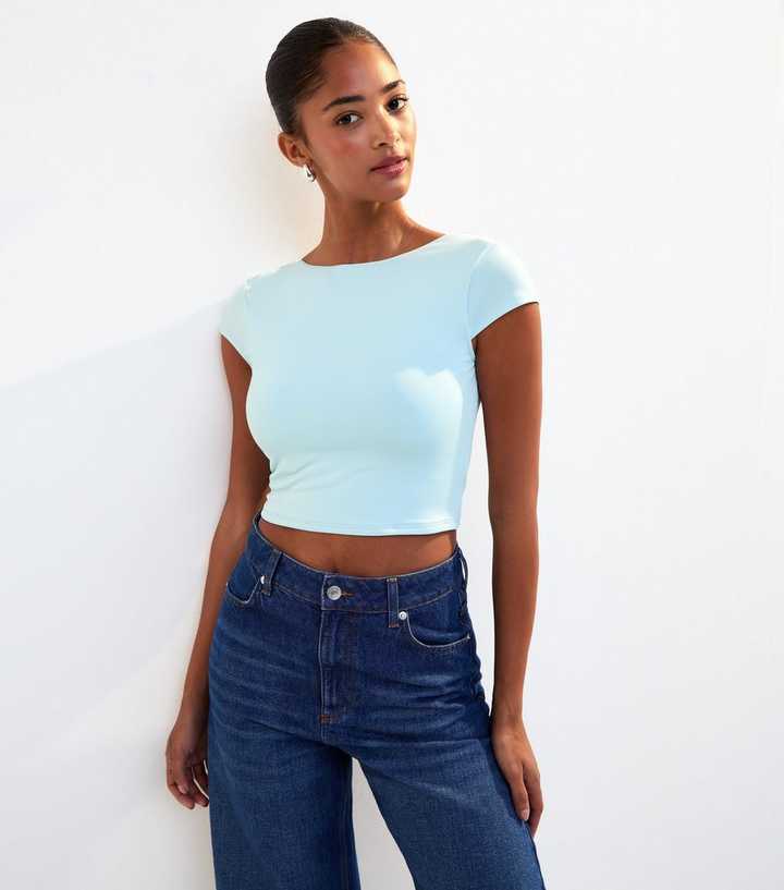 Light Blue Scoop Back Jersey Cropped T-Shirt