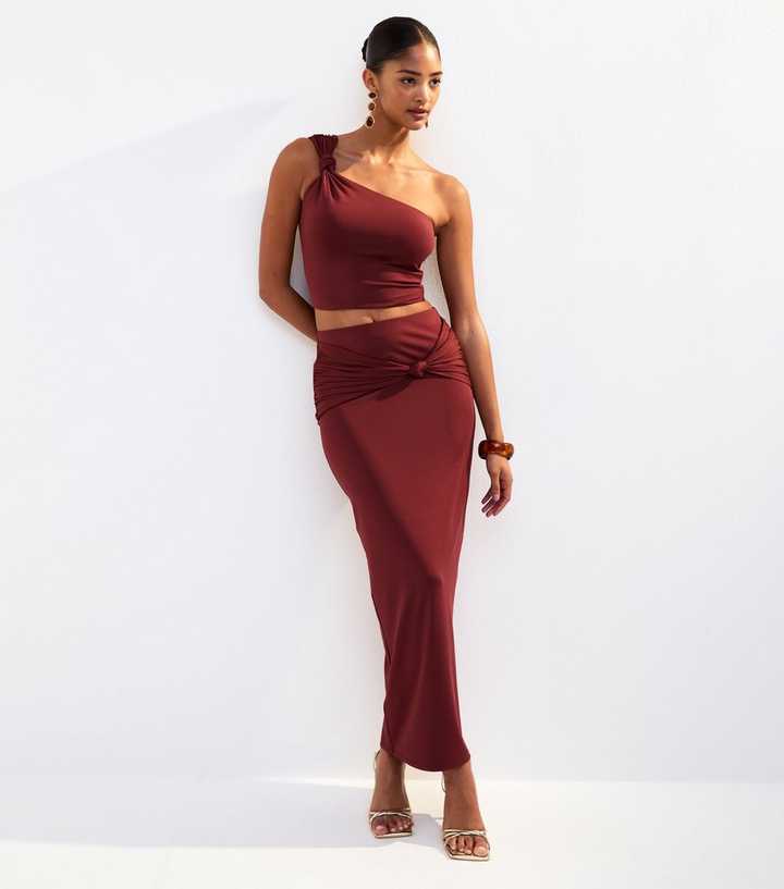 Rust Twist Detail Midi Skirt 