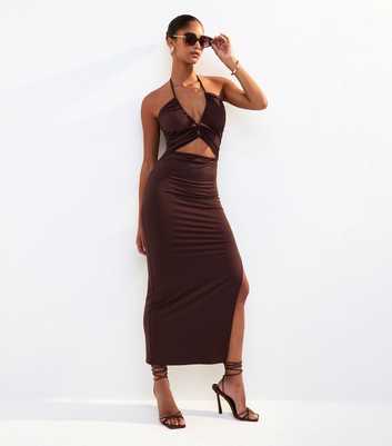 Dark Brown Halterneck Cut Out Midi Dress