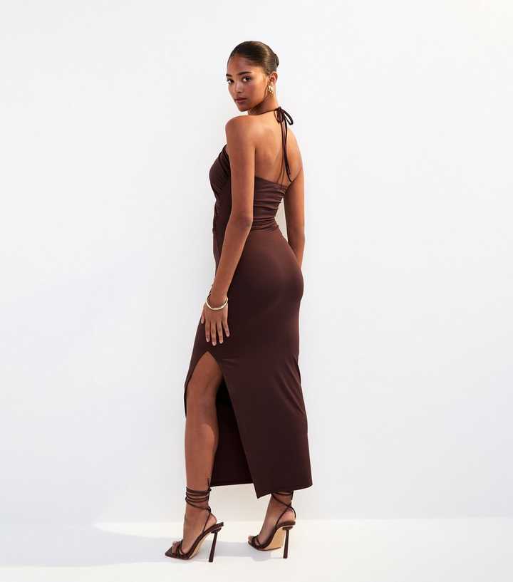 Dark Brown Halterneck Cut Out Midi Dress