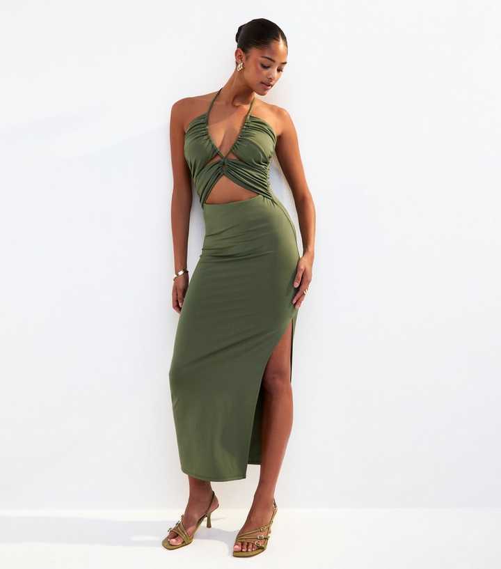 Dark Khaki Halterneck Cut Out Midi Dress