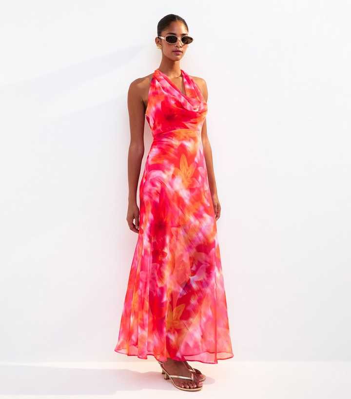 Orange Hibiscus Print Chiffon Halterneck Midi Dress