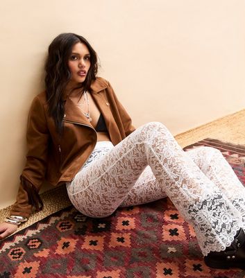 White Semi-Sheer Floral Lace Kick Flare Trousers New Look