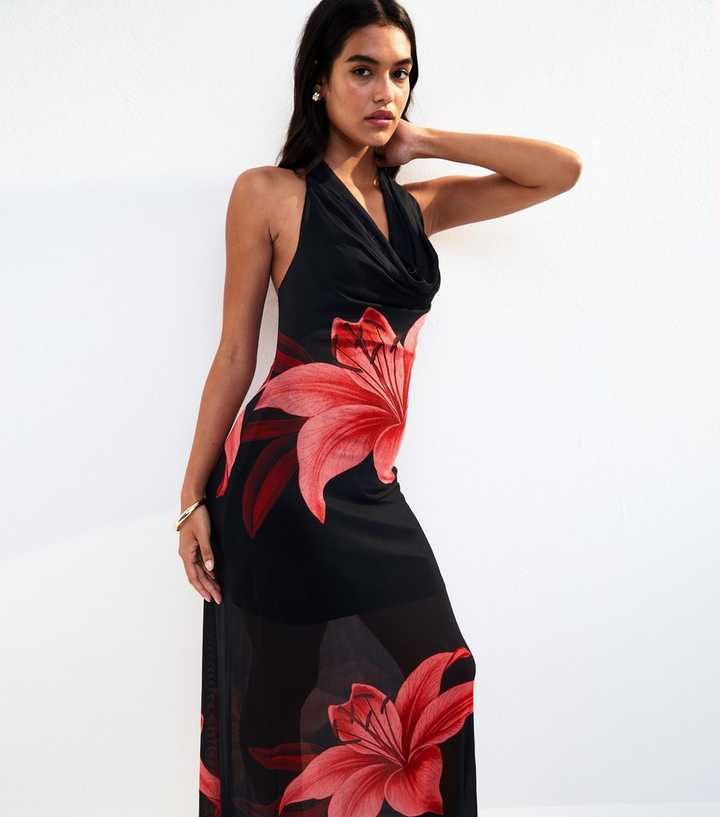 Black Mesh Floral Print Cowl Halterneck Maxi Dress