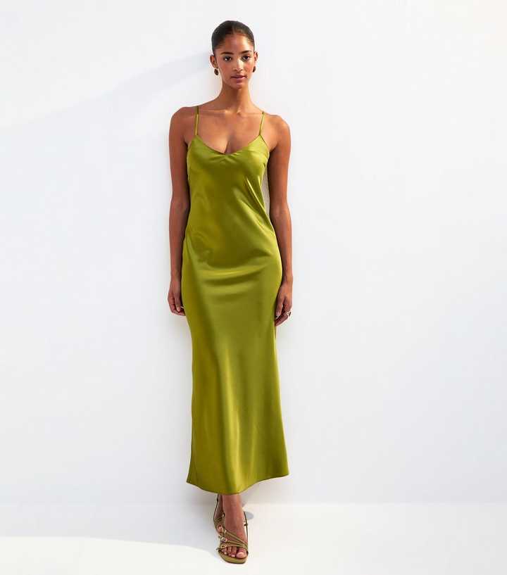 Olive Satin Twist Back Slip Midi Dress