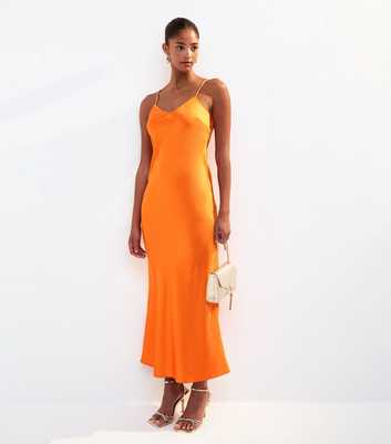 Orange Satin Twist Back Slip Midi Dress