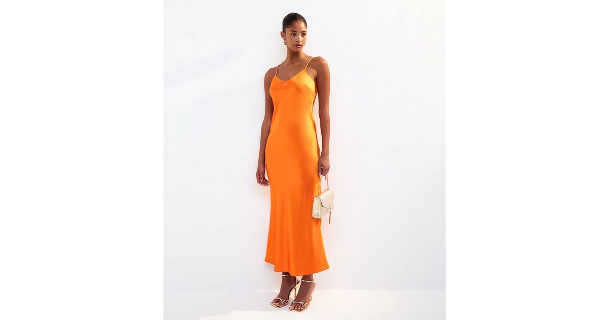 newlook orange dress AX Paris Bright Orange Strappy Shirred Midi Dress