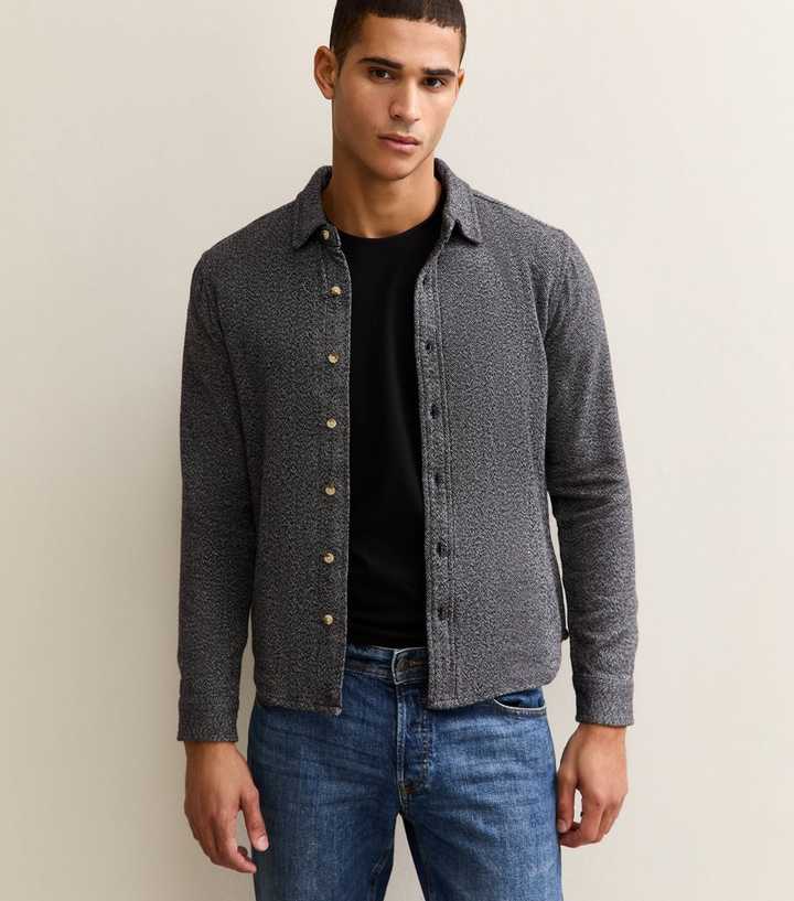 Navy Regular Fit Long Sleeve Herringbone Shirt