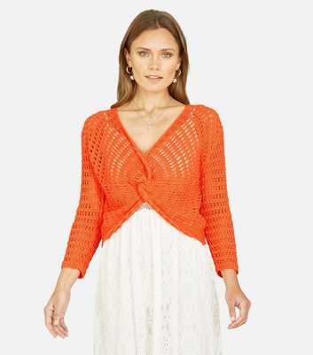 Yumi Orange Open Knit Knotted Top