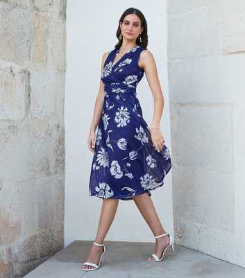 Yumi Blue Floral Sleeveless Floral Wrap Midi Dress