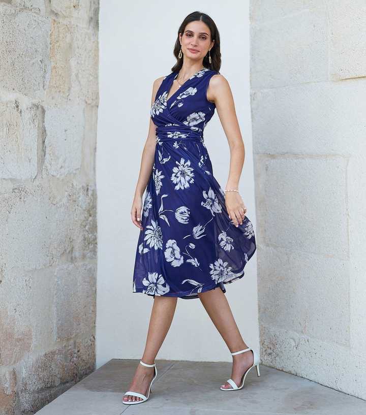 Yumi Blue Floral Sleeveless Floral Wrap Midi Dress