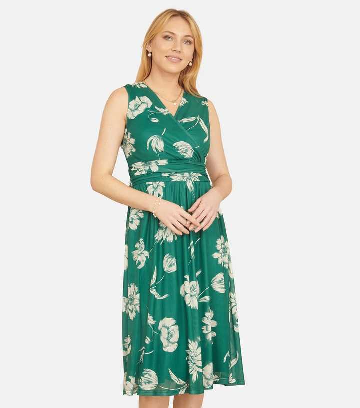 Yumi Green Floral Sleeveless Wrap Midi Dress