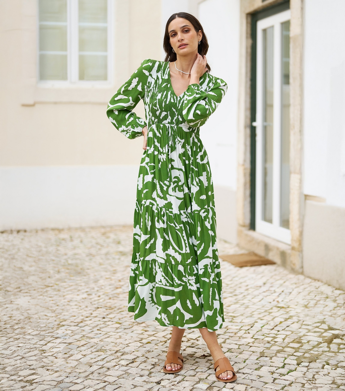 Women's Green Leaf Print Long Sleeve Maxi Dress Yumi New Look