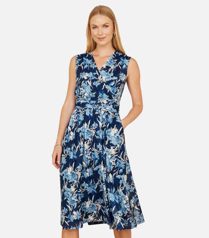 Yumi Blue Floral Print Wrap Front Midi Dress