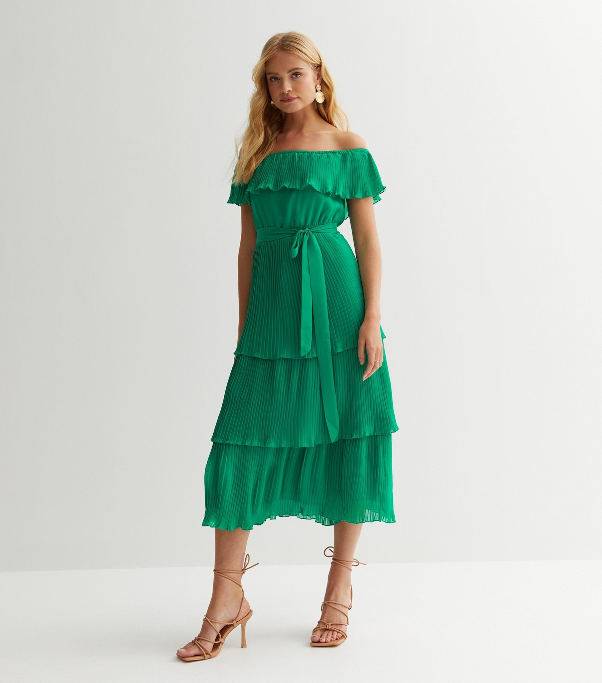 Women's Green Pleated Bardot Midi Dress Gini London New Look