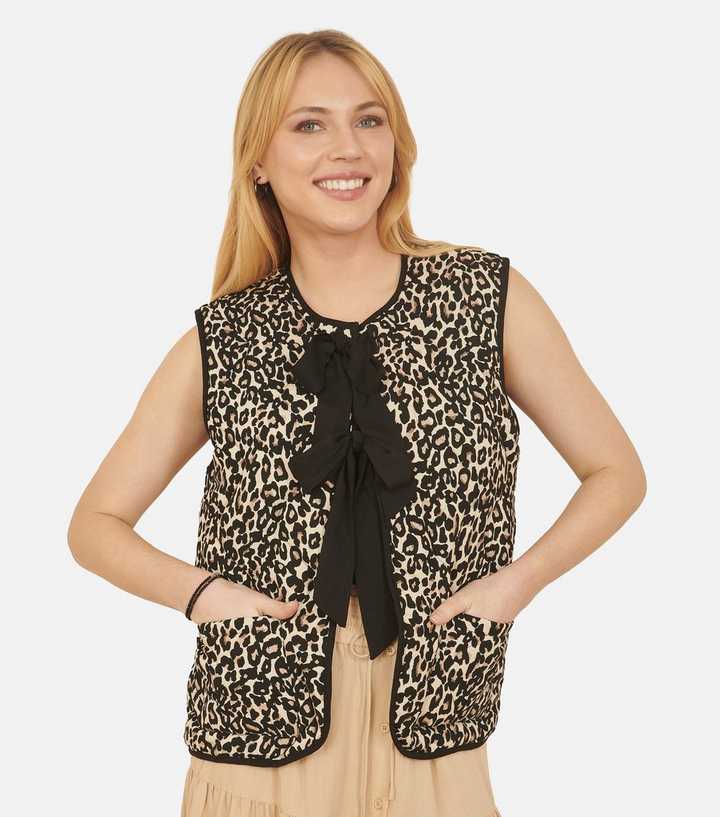 Yumi Brown Leopard Print Quilted Ribbon Tie Waistcoat