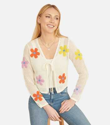 Yumi White Open Knit Flower Cardigan