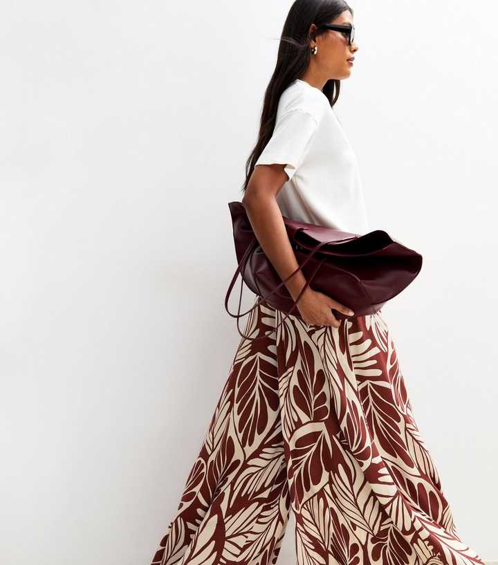 Brown Leaf Print Palazzo Trousers 