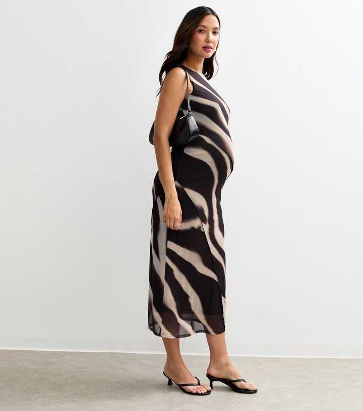 Maternity Black Blur Stripe Print Mesh Midi Dress