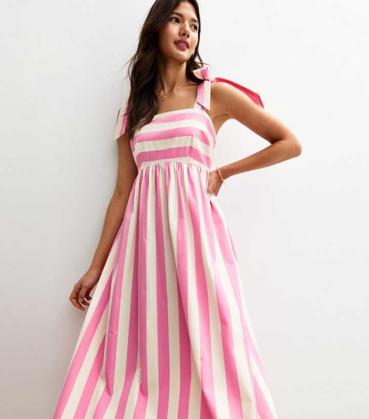 Pink Candy Striped Tie Shoulder Midi Dress