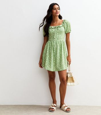 Green Ditsy Print Jersey Milkmaid Mini Dress