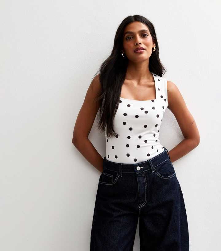 White Polka Dot Square Neck Bodysuit 