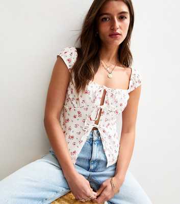 White Textured Ditsy Print Tie Front Cami Top