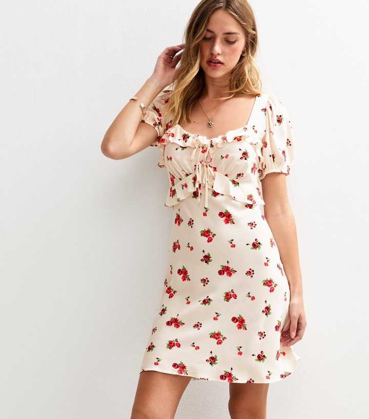 Cream Rose Print Milkmaid Mini Dress