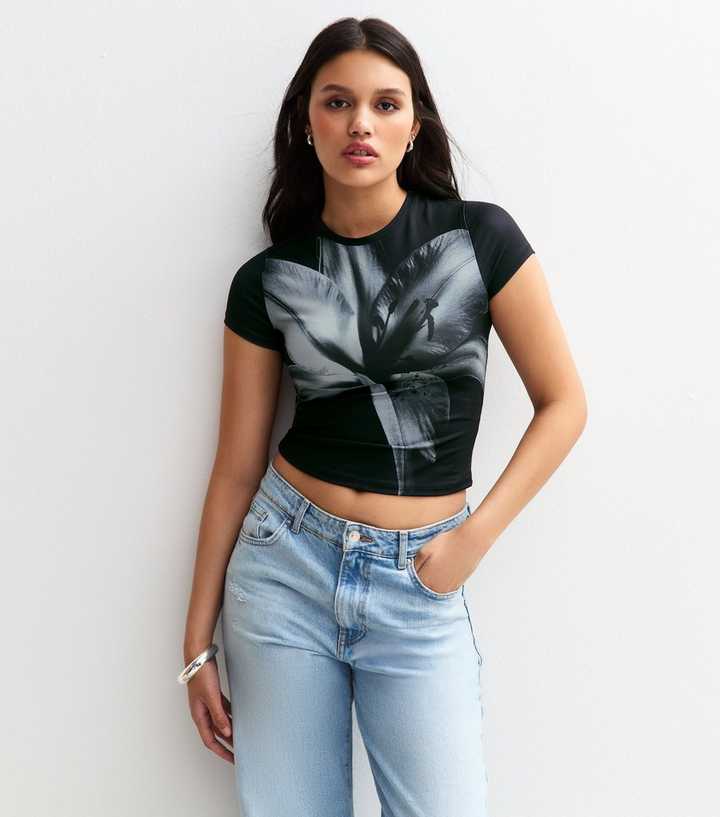 Black Lily Graphic Print Baby Tee T-Shirt