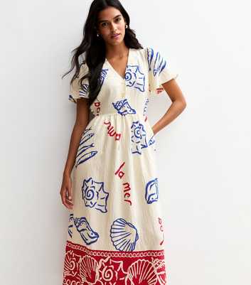 Off White Shell Print Flutter Sleeve Button Midi Dress