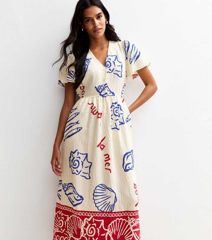Off White Shell Print Flutter Sleeve Button Midi Dress