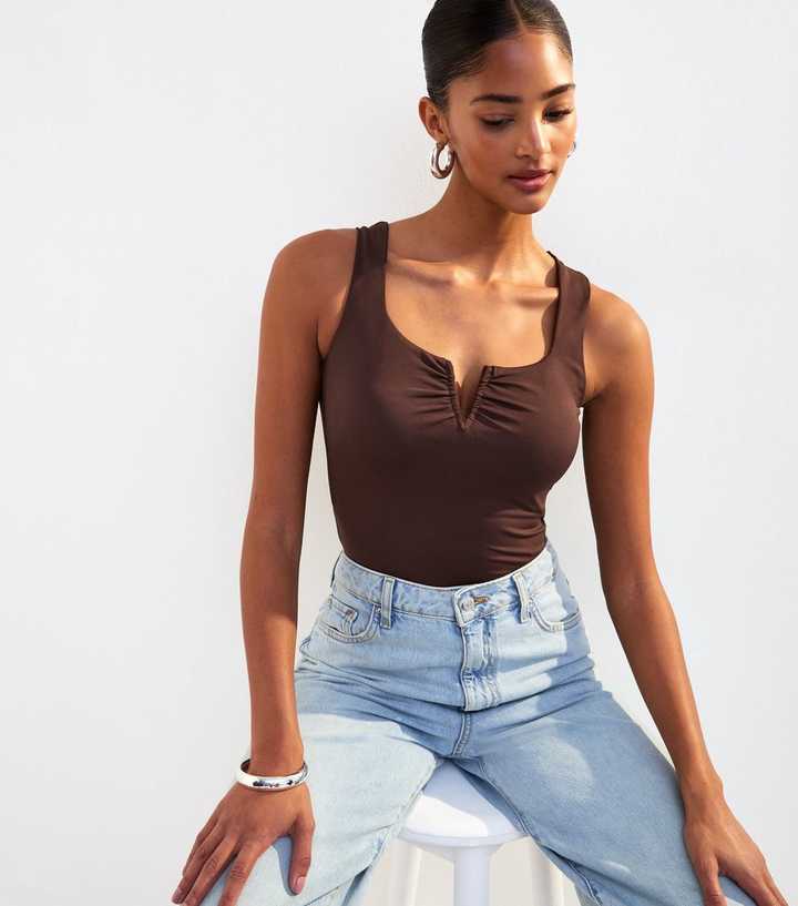 Brown Slinky Jersey Notch Neckline Bodysuit 