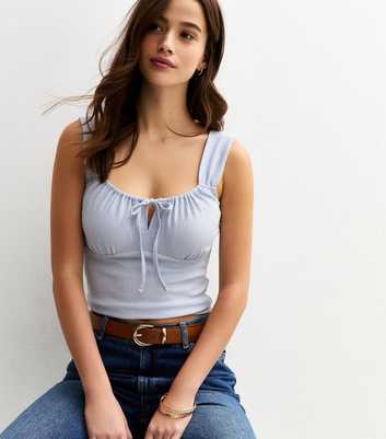 Blue Textured Jersey Keyhole Neck Cami Top