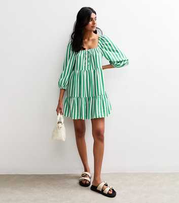 Green Striped Tiered Smock Mini Dress
