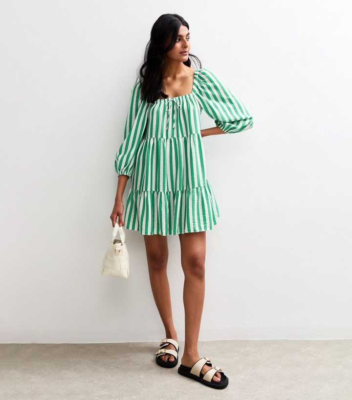 Green Striped Tiered Smock Mini Dress