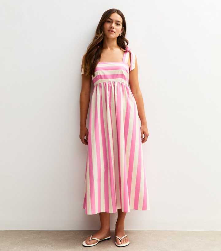 Petite Pink Striped Tie Strap Poplin Midi Dress New Look
