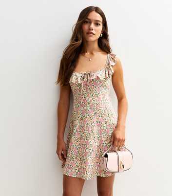 Petite Cream Floral Print Frill Trim Mini Dress