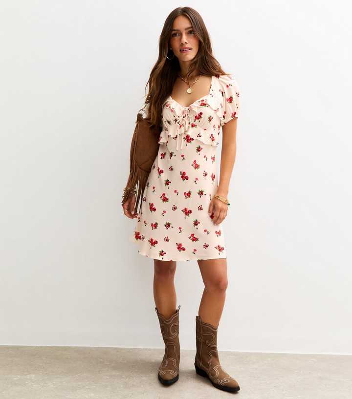 Petite Cream Rose Print Milkmaid Mini Dress
