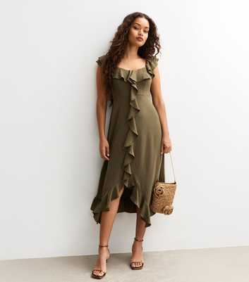 Petite Khaki Asymmetric Hem Ruffle Trim Midi Dress