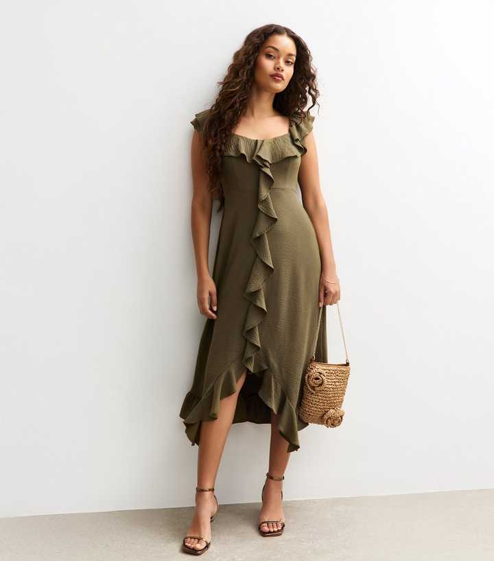 Petite Khaki Asymmetric Hem Ruffle Trim Midi Dress
