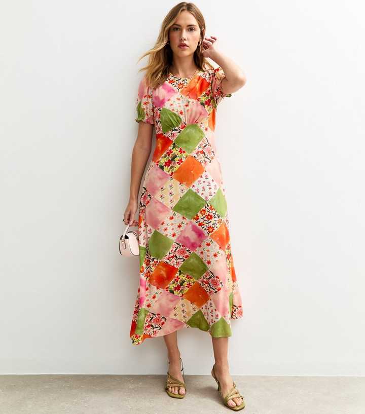 Orange Patchwork Print Puff Sleeve Midi Dress