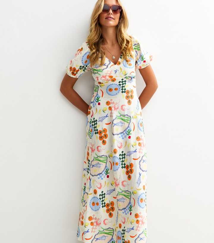 Tall Cream Fish Picnic Print Midi Dress