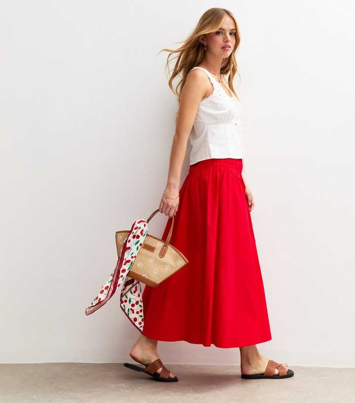 Red Elasticated Waist Poplin Midi Skirt