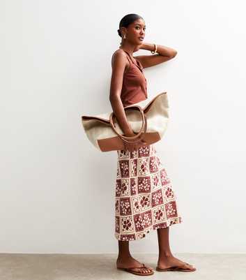 Brown Hibiscus Print Midi Skirt
