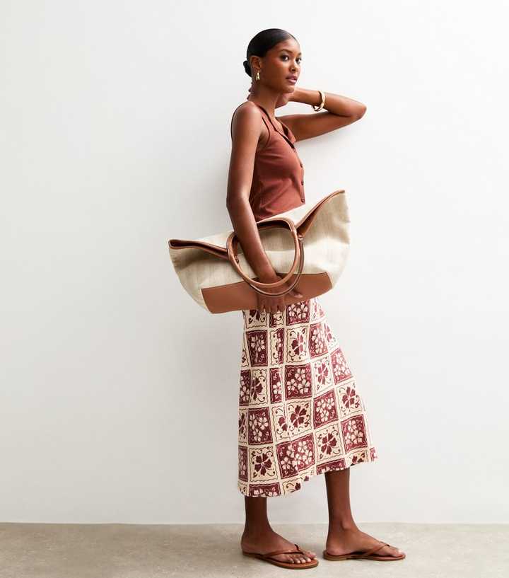 Brown Hibiscus Print Midi Skirt