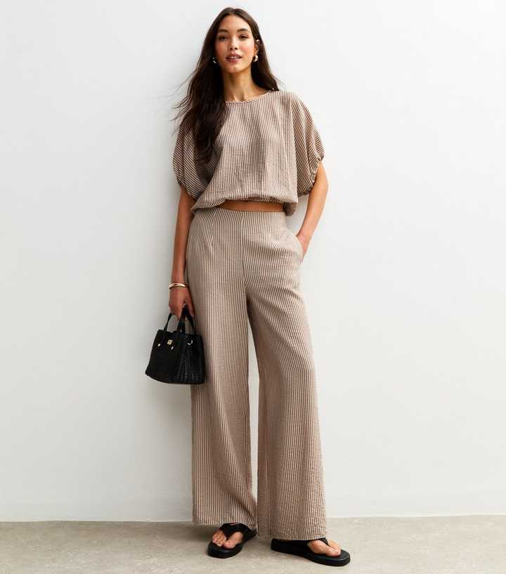 Brown Crinkle Texture Stripe Print Wide Leg Trousers | New Look