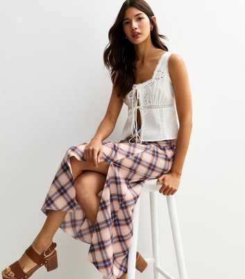 Blue Check Print Side Slit Midi Skirt