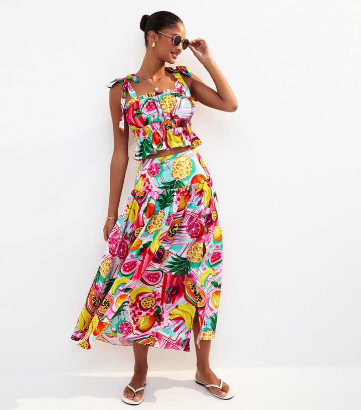Red Tropical Fruit Print Side Split Midi Skirt